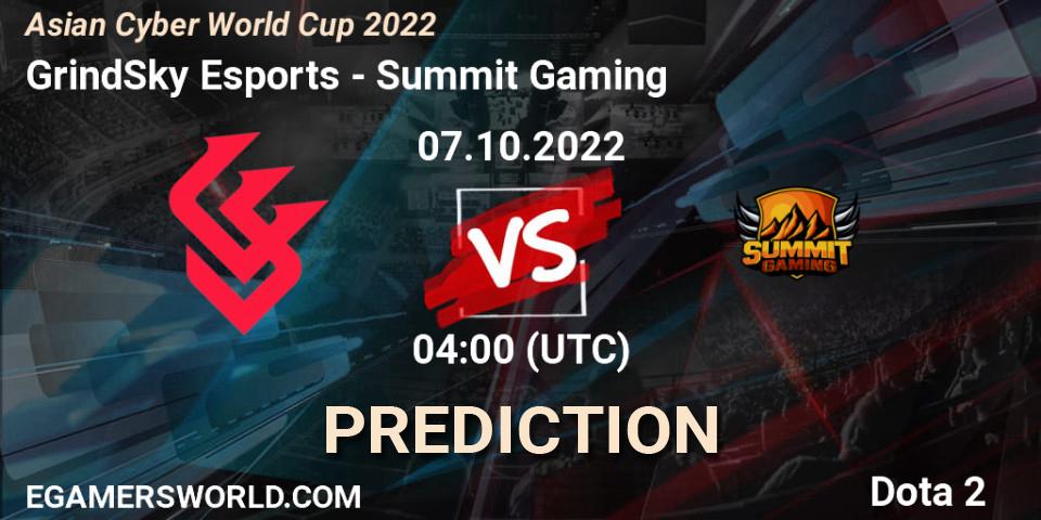Pronóstico GrindSky Esports - Summit Gaming. 07.10.2022 at 04:12, Dota 2, Asian Cyber World Cup 2022