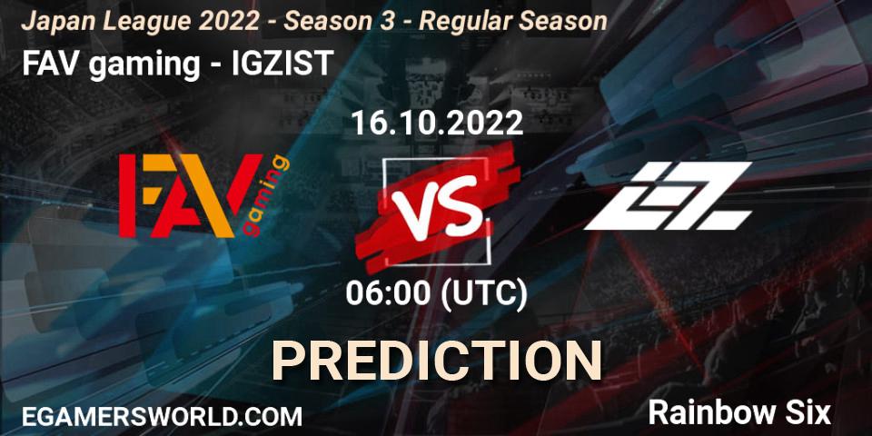 Pronóstico FAV gaming - IGZIST. 16.10.2022 at 06:00, Rainbow Six, Japan League 2022 - Season 3 - Regular Season