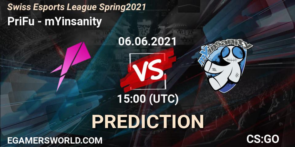 Pronóstico PriFu - mYinsanity. 06.06.2021 at 15:00, Counter-Strike (CS2), Swiss Esports League Spring 2021