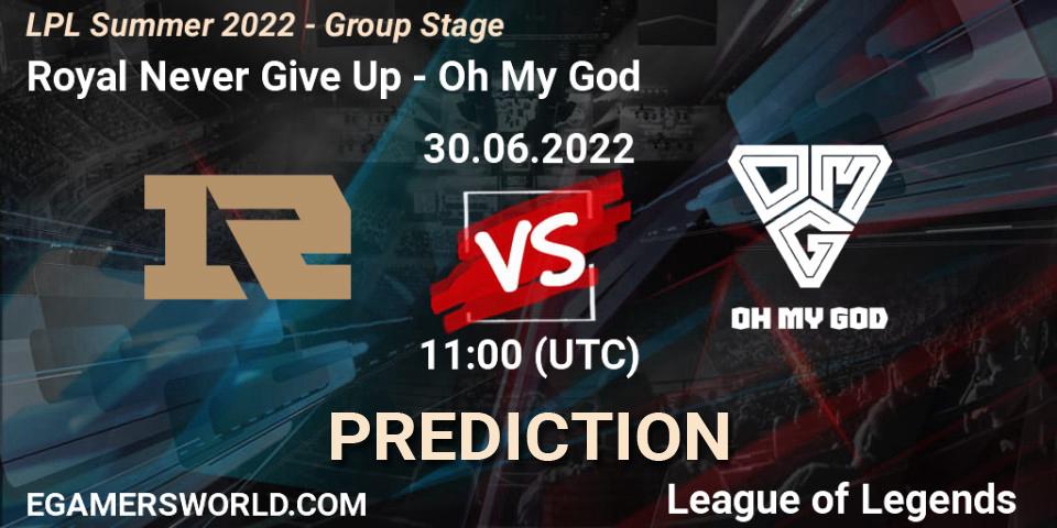 Pronóstico Royal Never Give Up - Oh My God. 30.06.2022 at 11:40, LoL, LPL Summer 2022 - Group Stage
