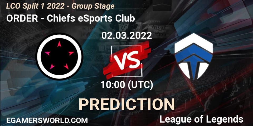 Pronóstico ORDER - Chiefs eSports Club. 02.03.2022 at 10:00, LoL, LCO Split 1 2022 - Group Stage 