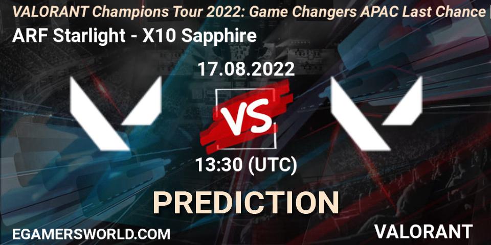 Pronóstico ARF Starlight - X10 Sapphire. 17.08.2022 at 13:30, VALORANT, VCT 2022: Game Changers APAC Last Chance Qualifier
