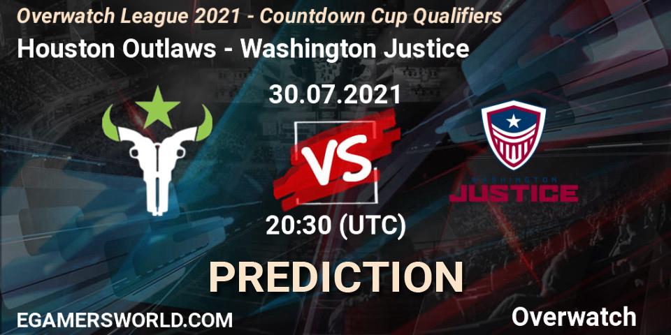 Pronóstico Houston Outlaws - Washington Justice. 30.07.21, Overwatch, Overwatch League 2021 - Countdown Cup Qualifiers