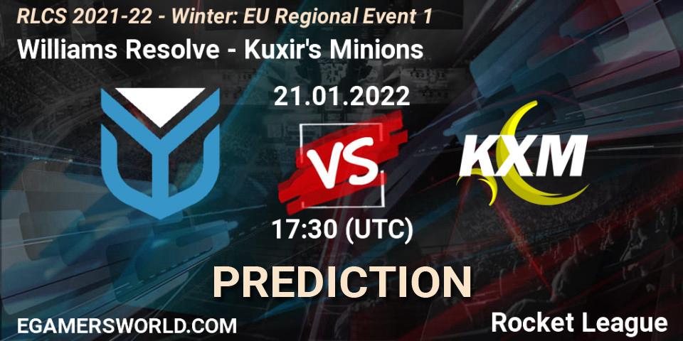 Pronóstico Williams Resolve - Kuxir's Minions. 21.01.2022 at 17:30, Rocket League, RLCS 2021-22 - Winter: EU Regional Event 1