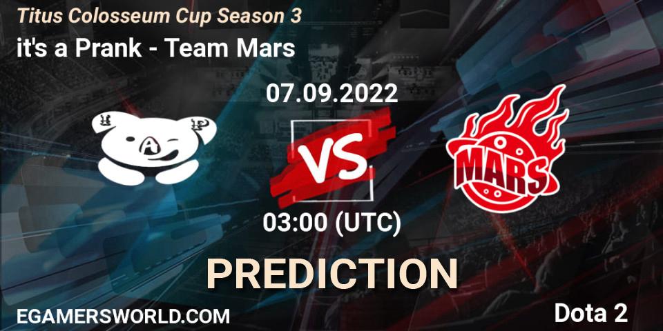 Pronóstico it's a Prank - Team Mars. 07.09.2022 at 03:12, Dota 2, Titus Colosseum Cup Season 3