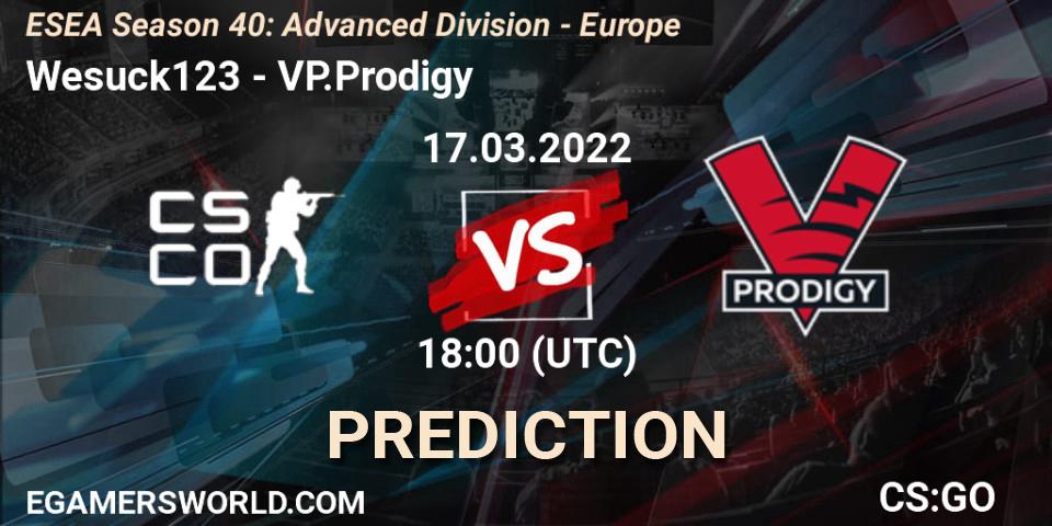Pronóstico Wesuck123 - VP.Prodigy. 17.03.2022 at 18:00, Counter-Strike (CS2), ESEA Season 40: Advanced Division - Europe