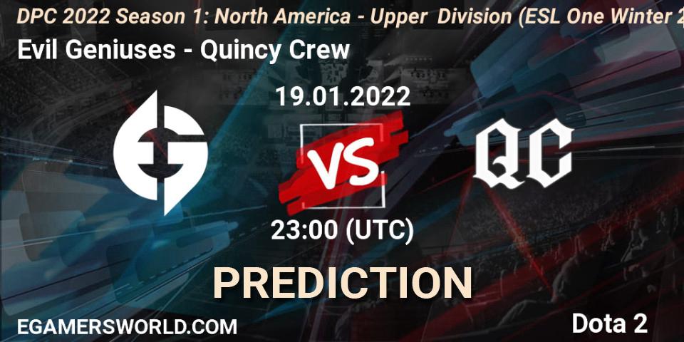 Pronóstico Evil Geniuses - Quincy Crew. 19.01.2022 at 22:55, Dota 2, DPC 2022 Season 1: North America - Upper Division (ESL One Winter 2021)