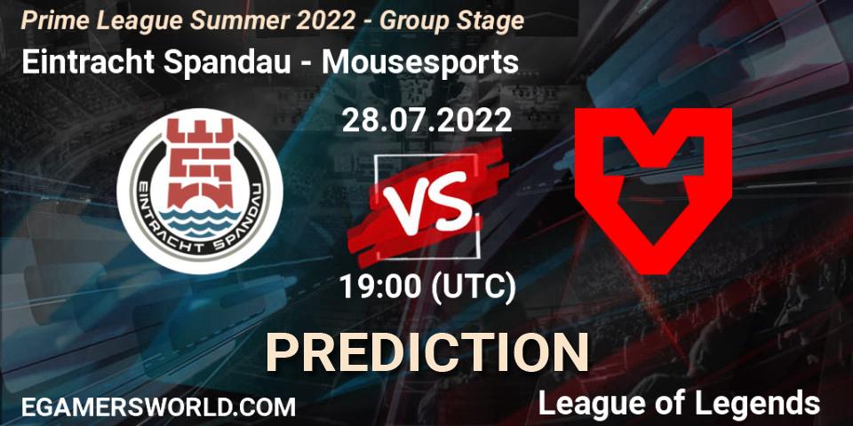 Pronóstico Eintracht Spandau - Mousesports. 28.07.2022 at 19:00, LoL, Prime League Summer 2022 - Group Stage
