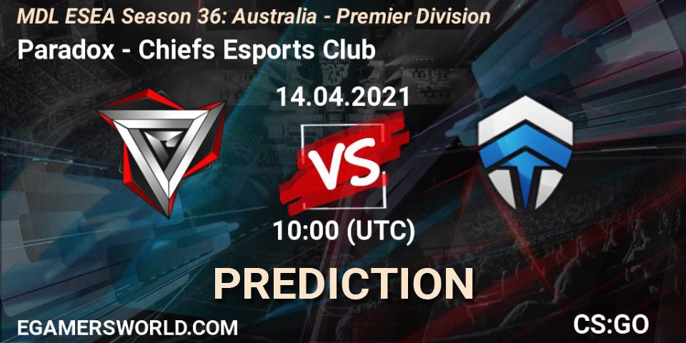 Pronóstico Paradox - Chiefs Esports Club. 14.04.2021 at 10:00, Counter-Strike (CS2), MDL ESEA Season 36: Australia - Premier Division