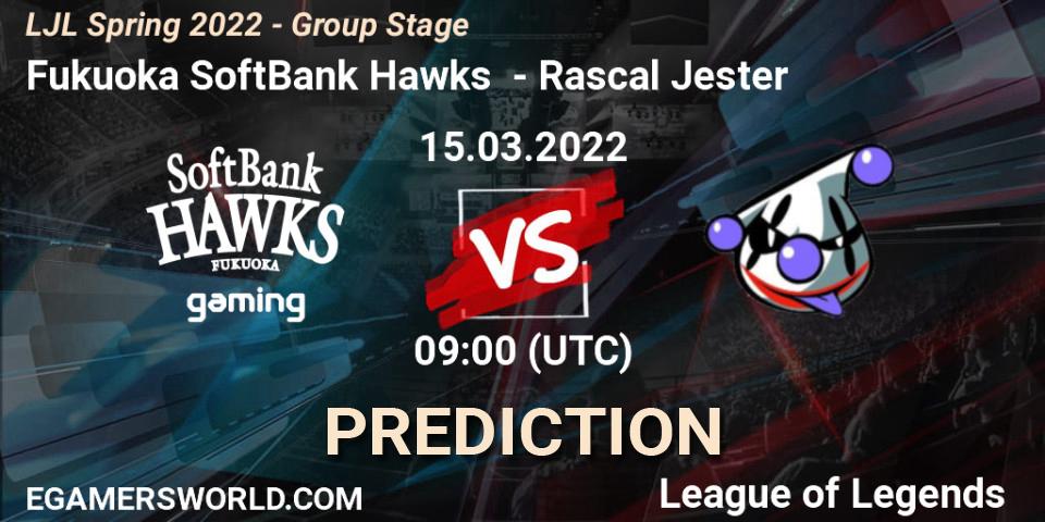 Pronóstico Fukuoka SoftBank Hawks - Rascal Jester. 15.03.2022 at 09:00, LoL, LJL Spring 2022 - Group Stage