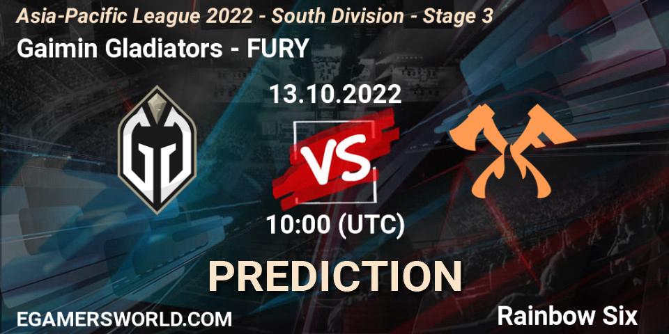 Pronóstico Gaimin Gladiators - FURY. 13.10.2022 at 10:00, Rainbow Six, Asia-Pacific League 2022 - South Division - Stage 3