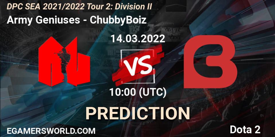 Pronóstico Army Geniuses - ChubbyBoiz. 14.03.2022 at 10:00, Dota 2, DPC 2021/2022 Tour 2: SEA Division II (Lower)