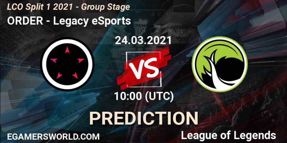 Pronóstico ORDER - Legacy eSports. 24.03.2021 at 10:00, LoL, LCO Split 1 2021 - Group Stage