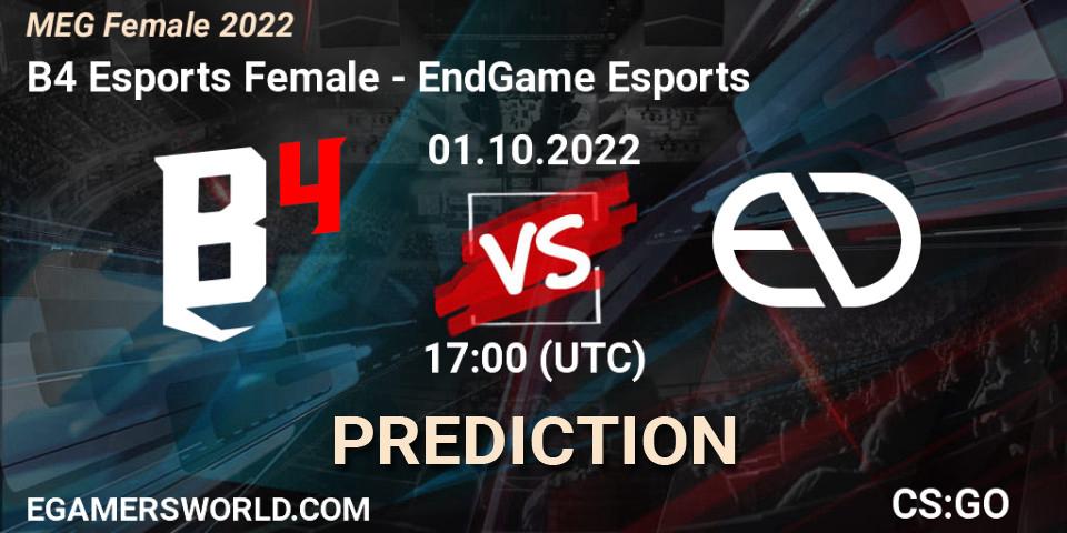 Pronóstico B4 Esports Female - EndGame Esports. 01.10.2022 at 17:30, Counter-Strike (CS2), MEG Female 2022