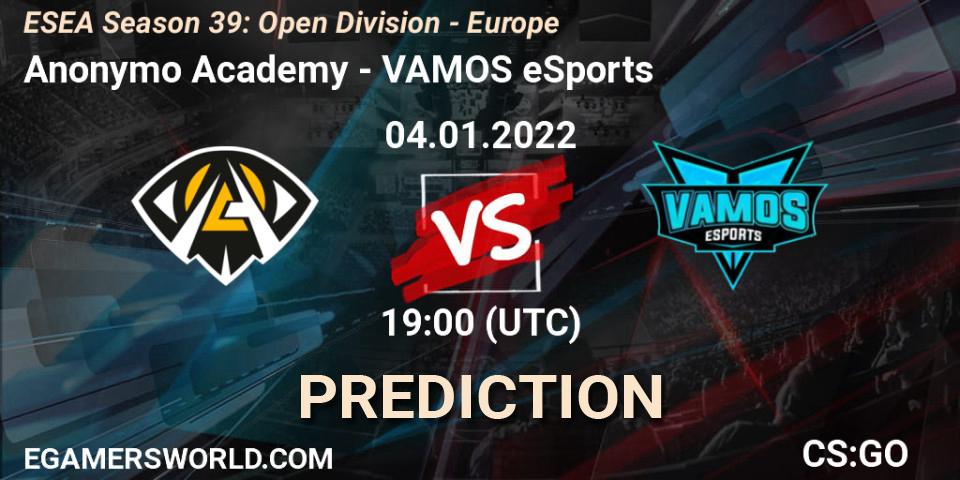 Pronóstico Anonymo Academy - VAMOS eSports. 04.01.2022 at 19:00, Counter-Strike (CS2), ESEA Season 39: Open Division - Europe