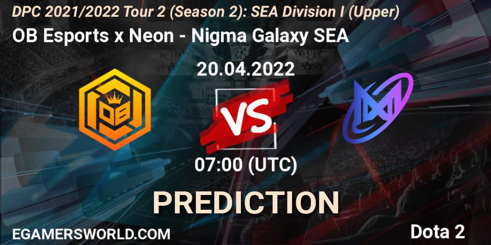 Pronóstico OB Esports x Neon - Nigma Galaxy SEA. 20.04.2022 at 07:01, Dota 2, DPC 2021/2022 Tour 2 (Season 2): SEA Division I (Upper)