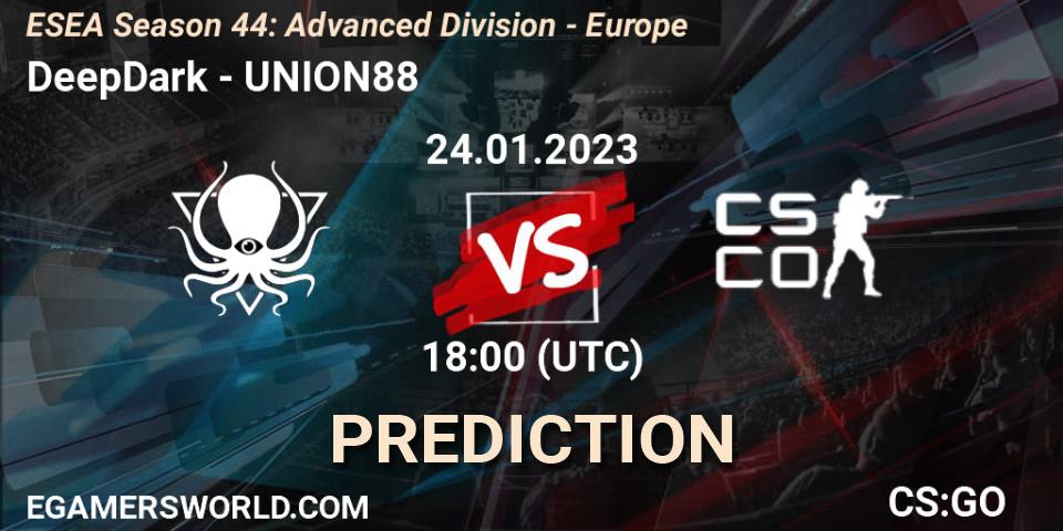 Pronóstico DeepDark - UNION88. 24.01.2023 at 18:00, Counter-Strike (CS2), ESEA Season 44: Advanced Division - Europe