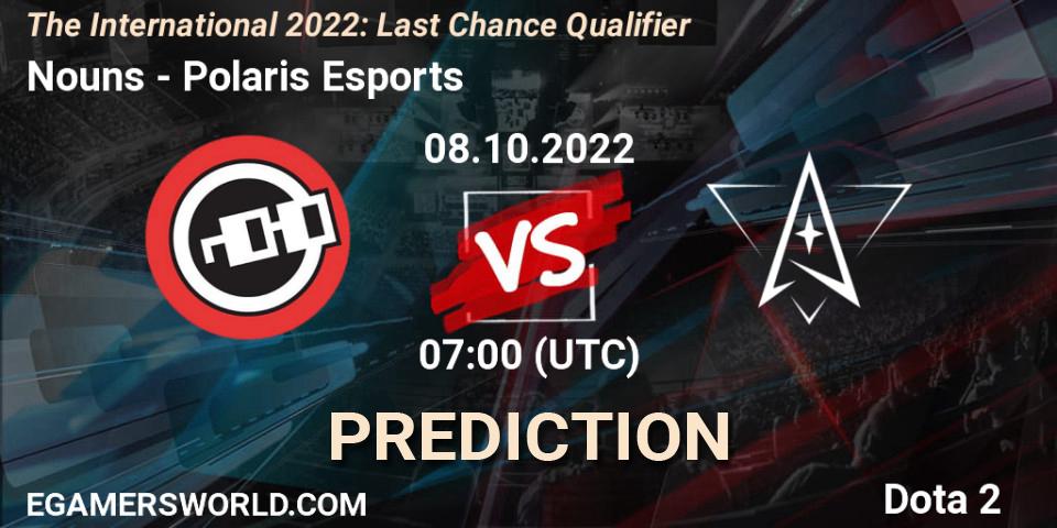 Pronóstico Nouns - Polaris Esports. 08.10.2022 at 07:06, Dota 2, The International 2022: Last Chance Qualifier