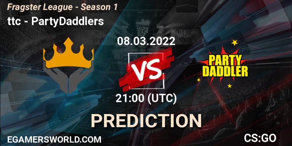 Pronóstico ttc - PartyDaddlers. 17.03.2022 at 17:00, Counter-Strike (CS2), Fragster League - Season 1