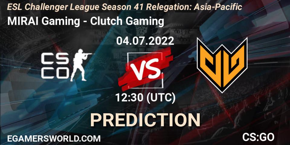 Pronóstico MIRAI Gaming - Clutch Gaming. 04.07.2022 at 12:30, Counter-Strike (CS2), ESL Challenger League Season 41 Relegation: Asia-Pacific