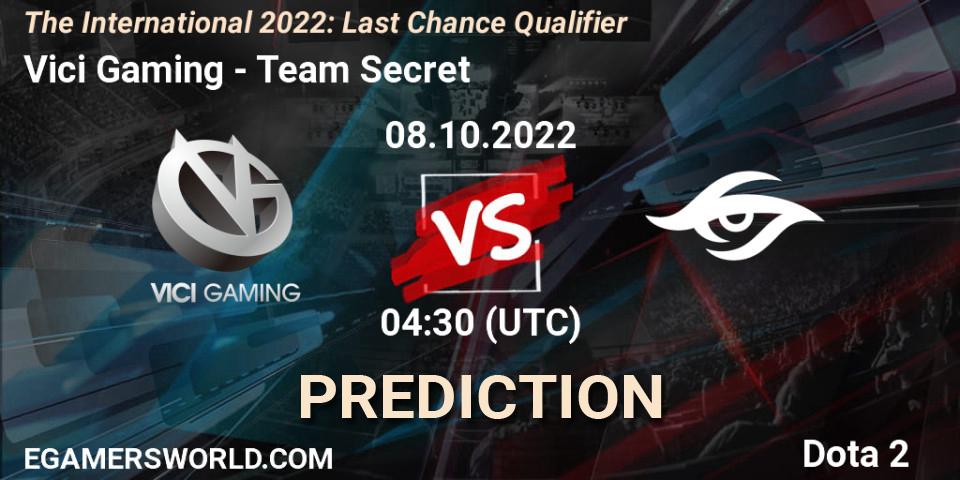 Pronóstico Vici Gaming - Team Secret. 08.10.2022 at 04:19, Dota 2, The International 2022: Last Chance Qualifier