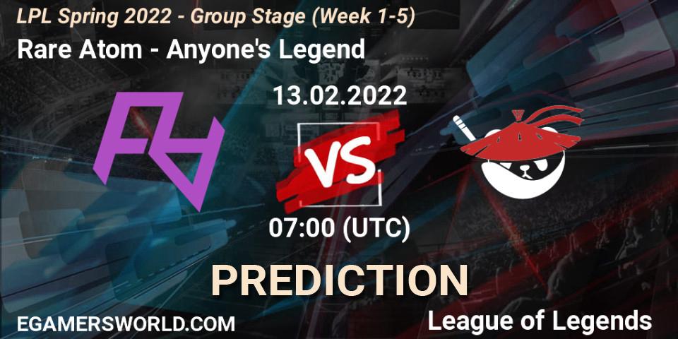 Pronóstico Rare Atom - Anyone's Legend. 13.02.2022 at 07:00, LoL, LPL Spring 2022 - Group Stage (Week 1-5)