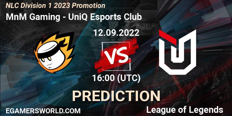 Pronóstico MnM Gaming - UniQ Esports Club. 12.09.2022 at 16:00, LoL, NLC Division 1 2023 Promotion