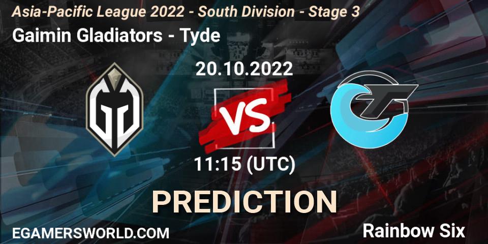 Pronóstico Gaimin Gladiators - Tyde. 20.10.2022 at 11:15, Rainbow Six, Asia-Pacific League 2022 - South Division - Stage 3