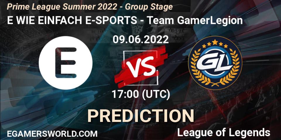 Pronóstico E WIE EINFACH E-SPORTS - Team GamerLegion. 09.06.2022 at 19:00, LoL, Prime League Summer 2022 - Group Stage
