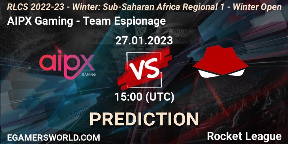 Pronóstico AIPX Gaming - Team Espionage. 27.01.2023 at 15:00, Rocket League, RLCS 2022-23 - Winter: Sub-Saharan Africa Regional 1 - Winter Open