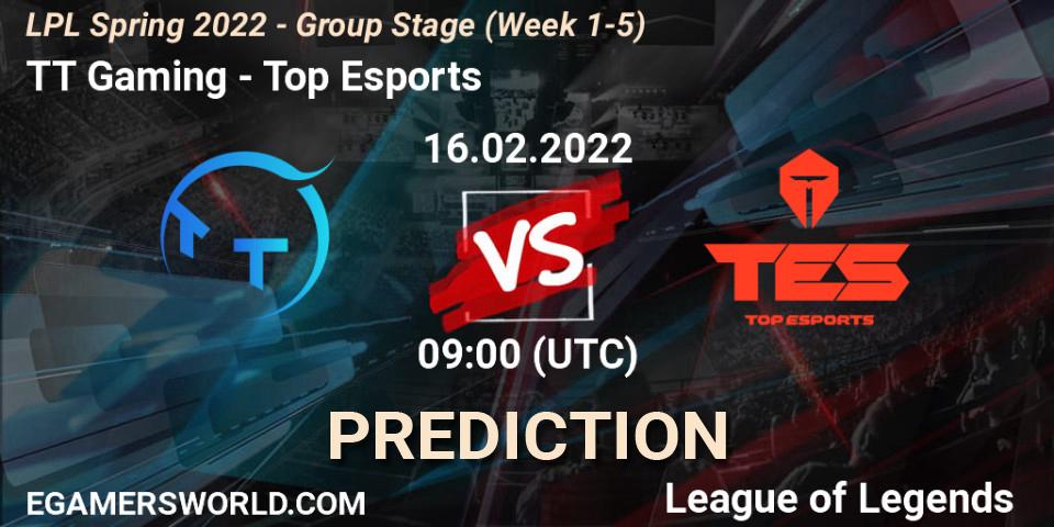Pronóstico TT Gaming - Top Esports. 16.02.2022 at 09:00, LoL, LPL Spring 2022 - Group Stage (Week 1-5)
