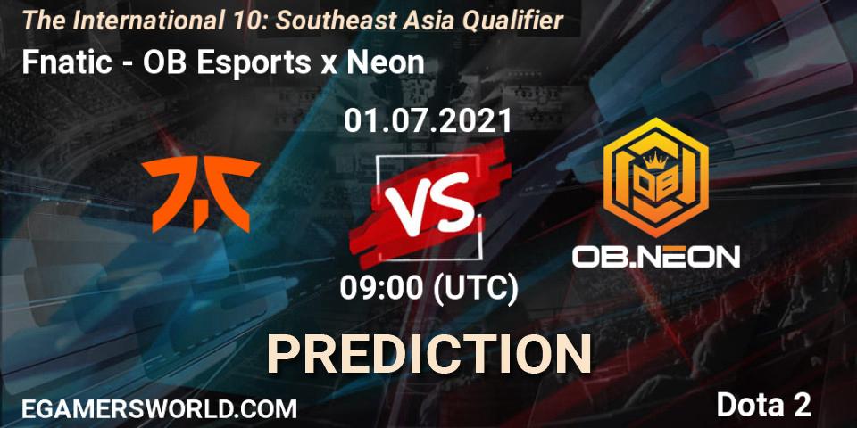 Pronóstico Fnatic - OB Esports x Neon. 01.07.2021 at 08:07, Dota 2, The International 10: Southeast Asia Qualifier