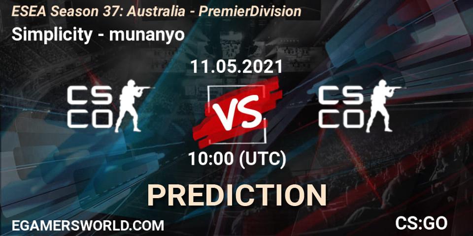 Pronóstico Simplicity - munanyo. 11.05.2021 at 10:00, Counter-Strike (CS2), ESEA Season 37: Australia - Premier Division
