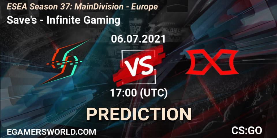 Pronóstico Save's - Infinite Gaming. 06.07.2021 at 17:00, Counter-Strike (CS2), ESEA Season 37: Main Division - Europe