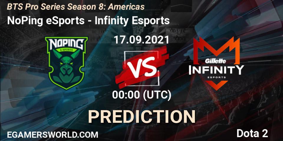 Pronóstico NoPing eSports - Infinity Esports. 17.09.2021 at 01:31, Dota 2, BTS Pro Series Season 8: Americas