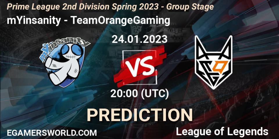 Pronóstico mYinsanity - TeamOrangeGaming. 24.01.2023 at 20:00, LoL, Prime League 2nd Division Spring 2023 - Group Stage