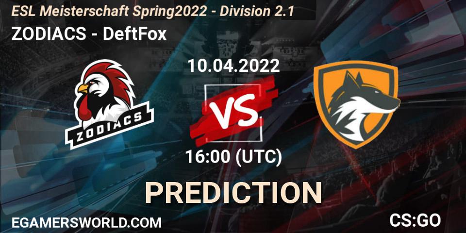 Pronóstico ZODIACS - DeftFox. 10.04.22, CS2 (CS:GO), ESL Meisterschaft Spring 2022 - Division 2.1