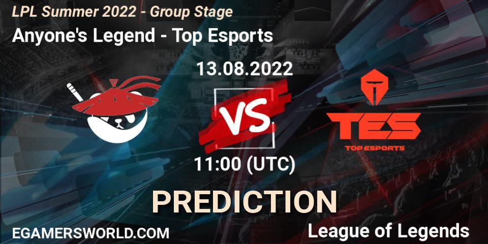Pronóstico Anyone's Legend - Top Esports. 13.08.22, LoL, LPL Summer 2022 - Group Stage
