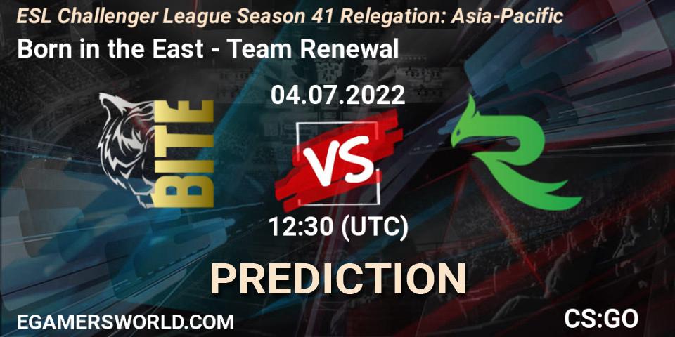 Pronóstico Born in the East - Team Renewal. 04.07.2022 at 12:30, Counter-Strike (CS2), ESL Challenger League Season 41 Relegation: Asia-Pacific