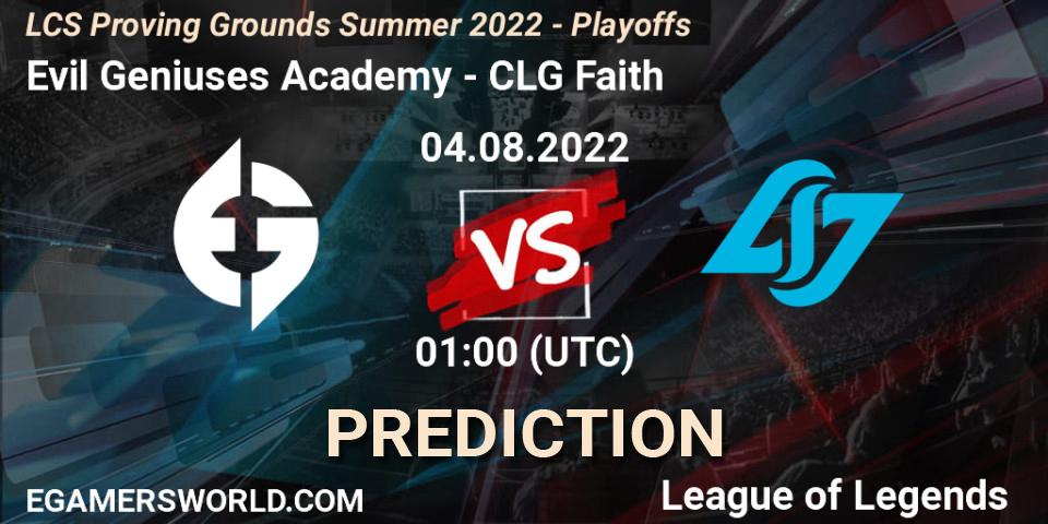 Pronóstico Evil Geniuses Academy - CLG Faith. 04.08.2022 at 00:00, LoL, LCS Proving Grounds Summer 2022 - Playoffs
