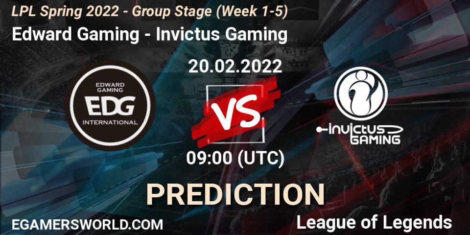 Pronóstico Edward Gaming - Invictus Gaming. 20.02.2022 at 10:00, LoL, LPL Spring 2022 - Group Stage (Week 1-5)