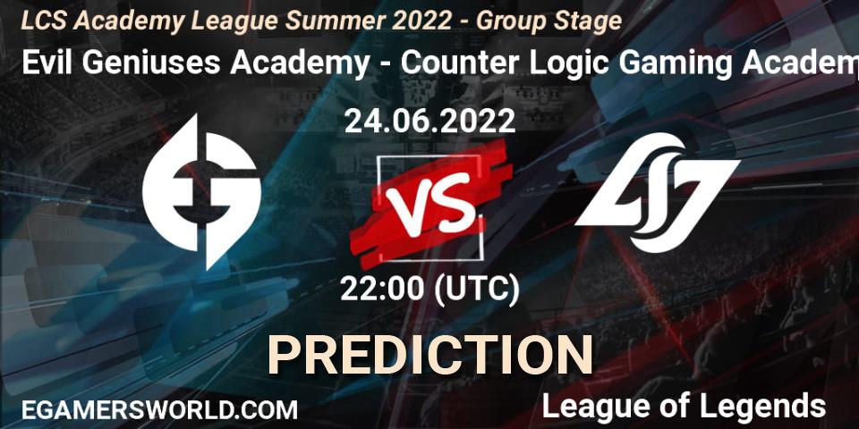 Pronóstico Evil Geniuses Academy - Counter Logic Gaming Academy. 24.06.2022 at 22:00, LoL, LCS Academy League Summer 2022 - Group Stage