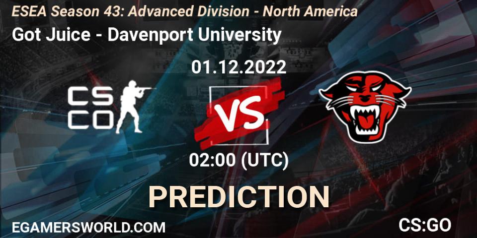 Pronóstico Got Juice - Davenport University. 01.12.22, CS2 (CS:GO), ESEA Season 43: Advanced Division - North America