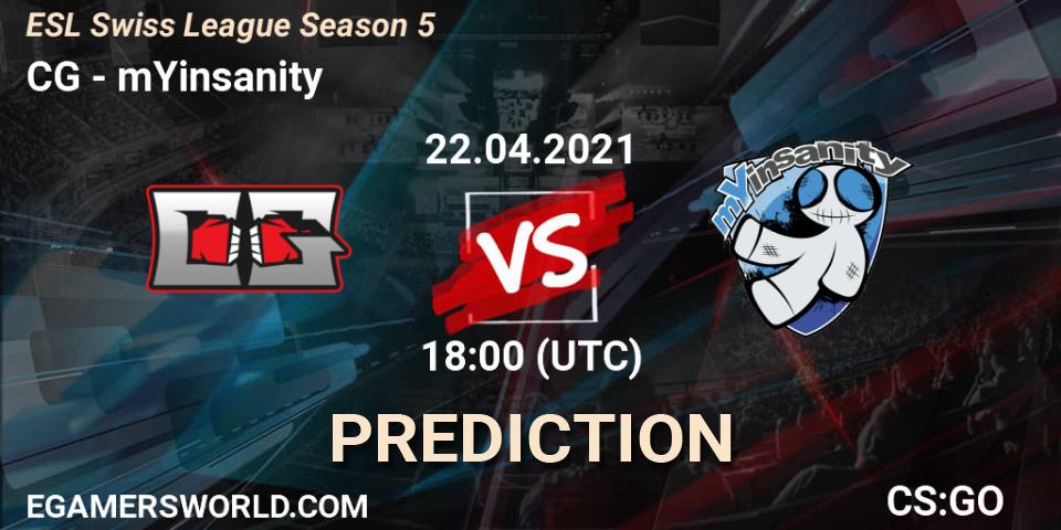 Pronóstico CG - mYinsanity. 22.04.2021 at 18:00, Counter-Strike (CS2), ESL Swiss League Season 5