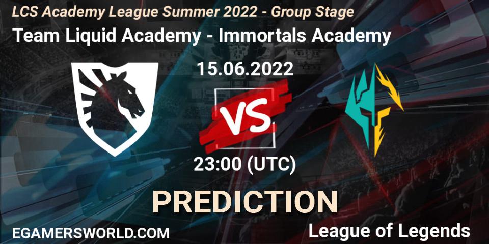 Pronóstico Team Liquid Academy - Immortals Academy. 15.06.2022 at 22:00, LoL, LCS Academy League Summer 2022 - Group Stage