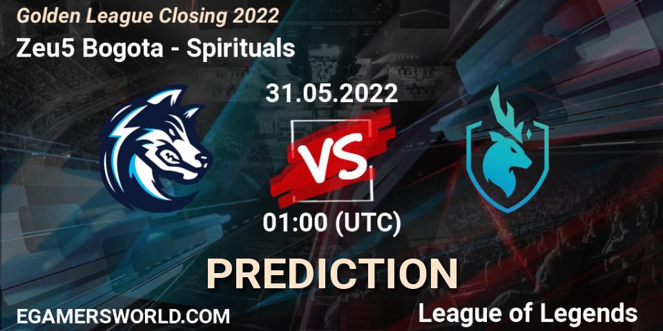Pronóstico Zeu5 Bogota - Spirituals. 31.05.2022 at 01:00, LoL, Golden League Closing 2022