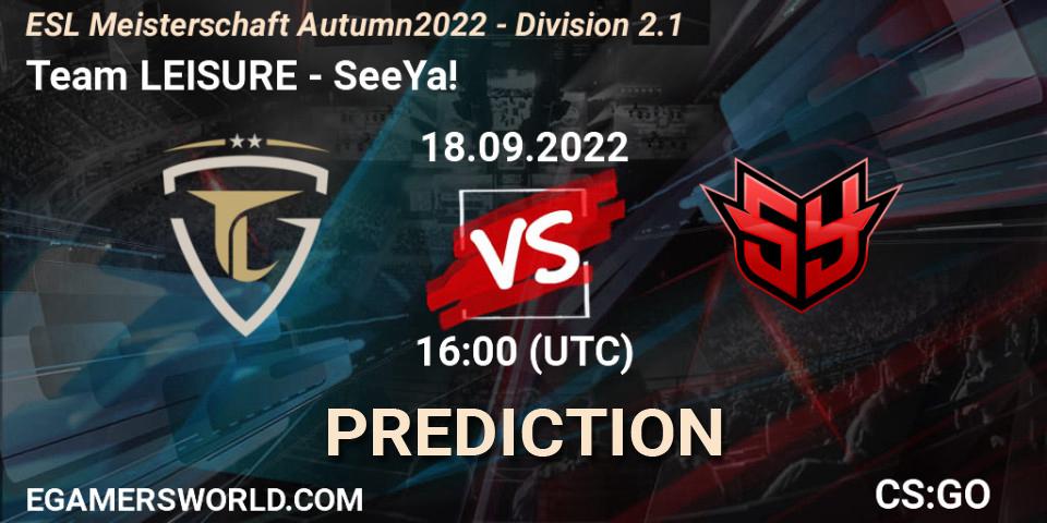 Pronóstico Team LEISURE - SeeYa!. 18.09.2022 at 16:00, Counter-Strike (CS2), ESL Meisterschaft Autumn 2022 - Division 2.1
