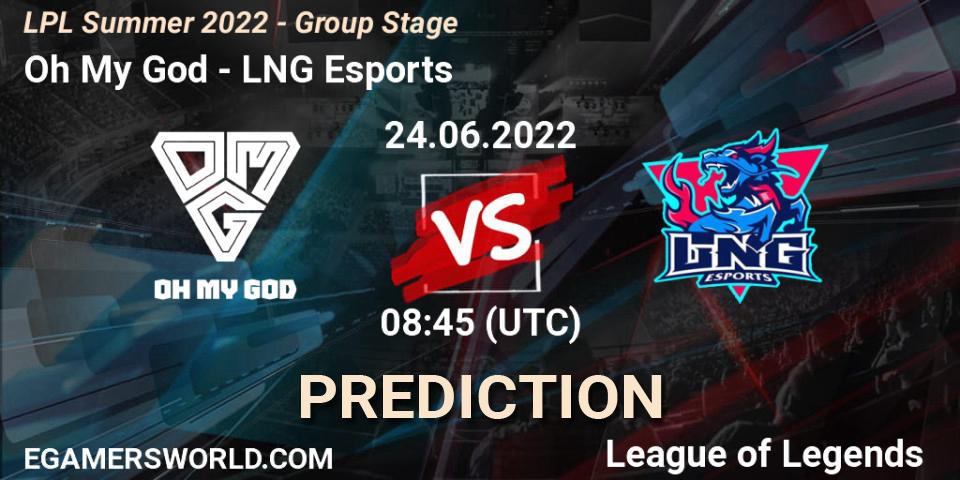 Pronóstico Oh My God - LNG Esports. 24.06.2022 at 09:00, LoL, LPL Summer 2022 - Group Stage