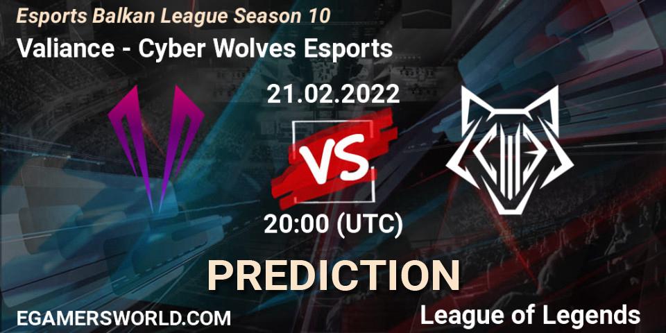 Pronóstico Valiance - Cyber Wolves Esports. 21.02.2022 at 20:00, LoL, Esports Balkan League Season 10