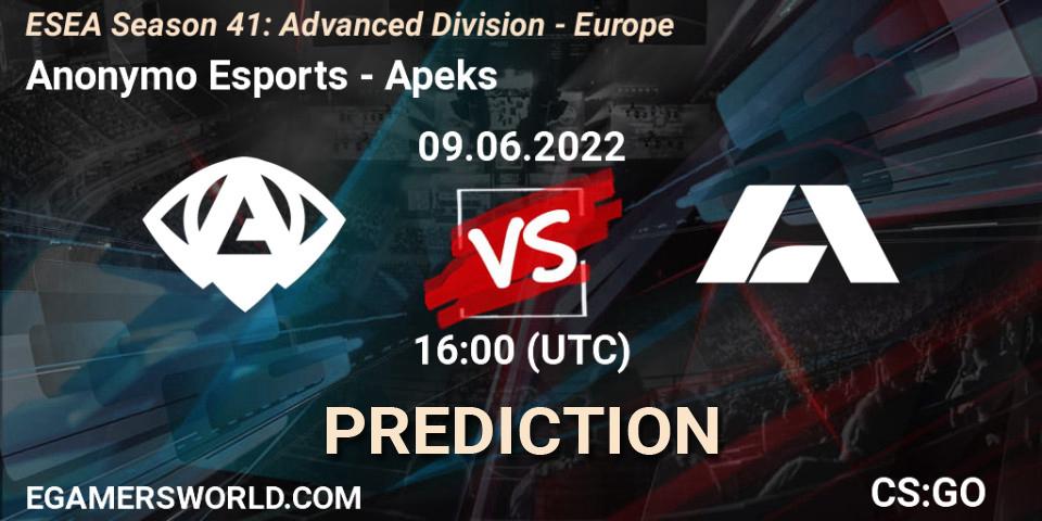 Pronóstico Anonymo Esports - Apeks. 09.06.22, CS2 (CS:GO), ESEA Season 41: Advanced Division - Europe